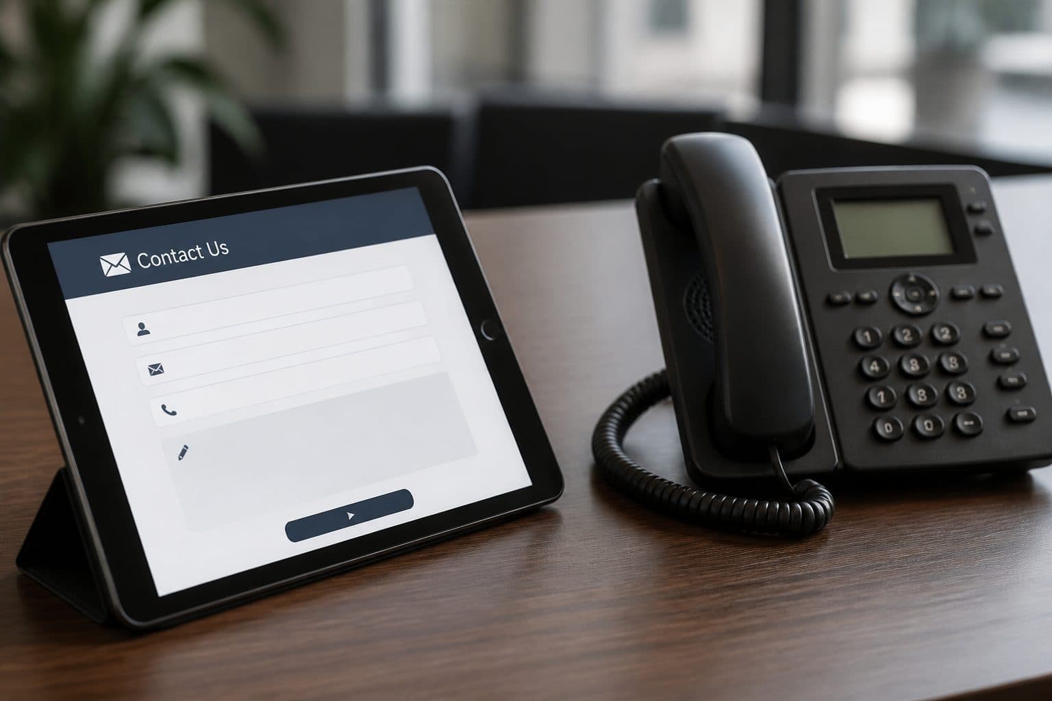 Office desk with tablet and phone for listing inquiries