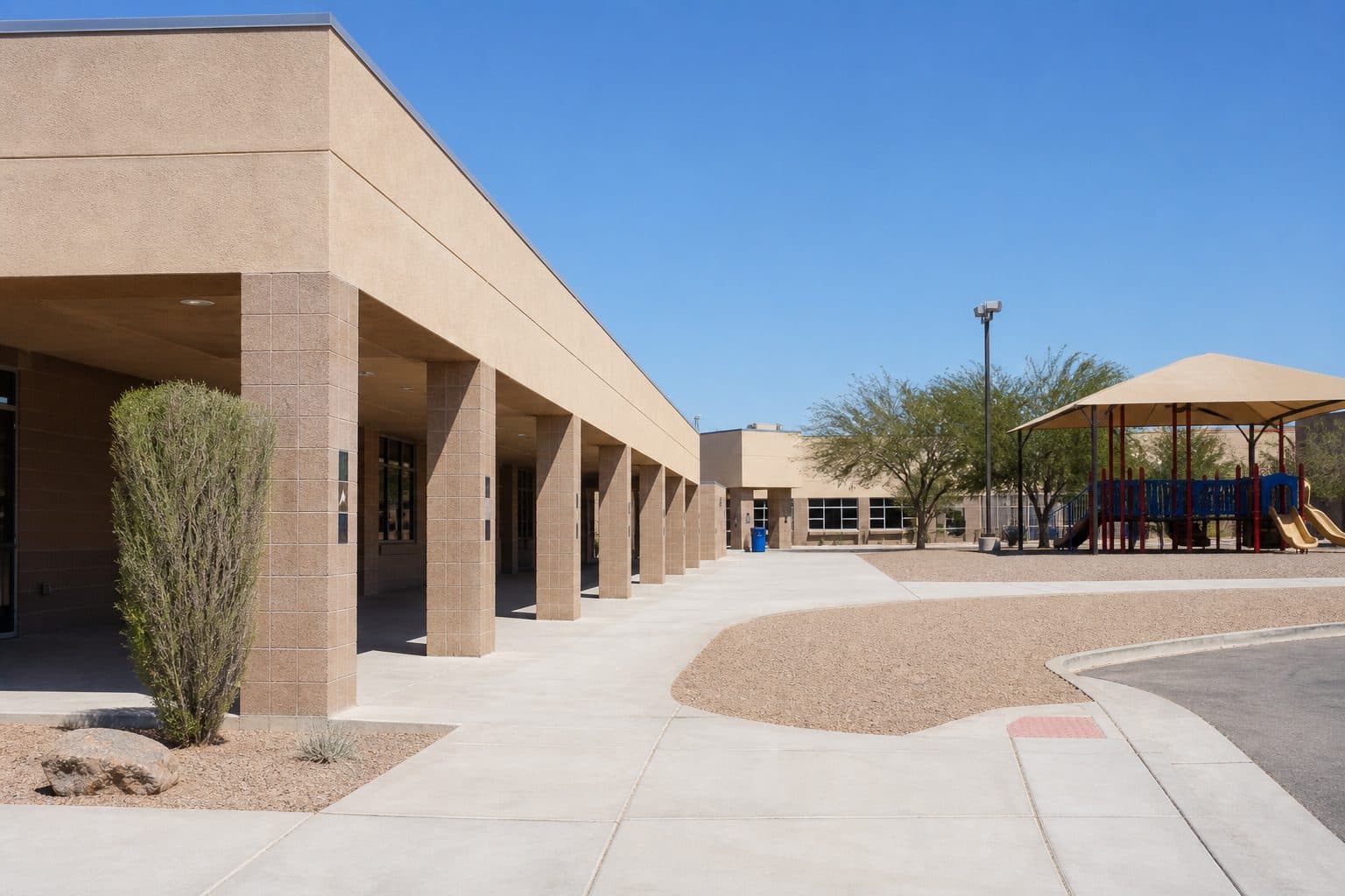 Elementary campus exterior in Las Vegas with covered walkway