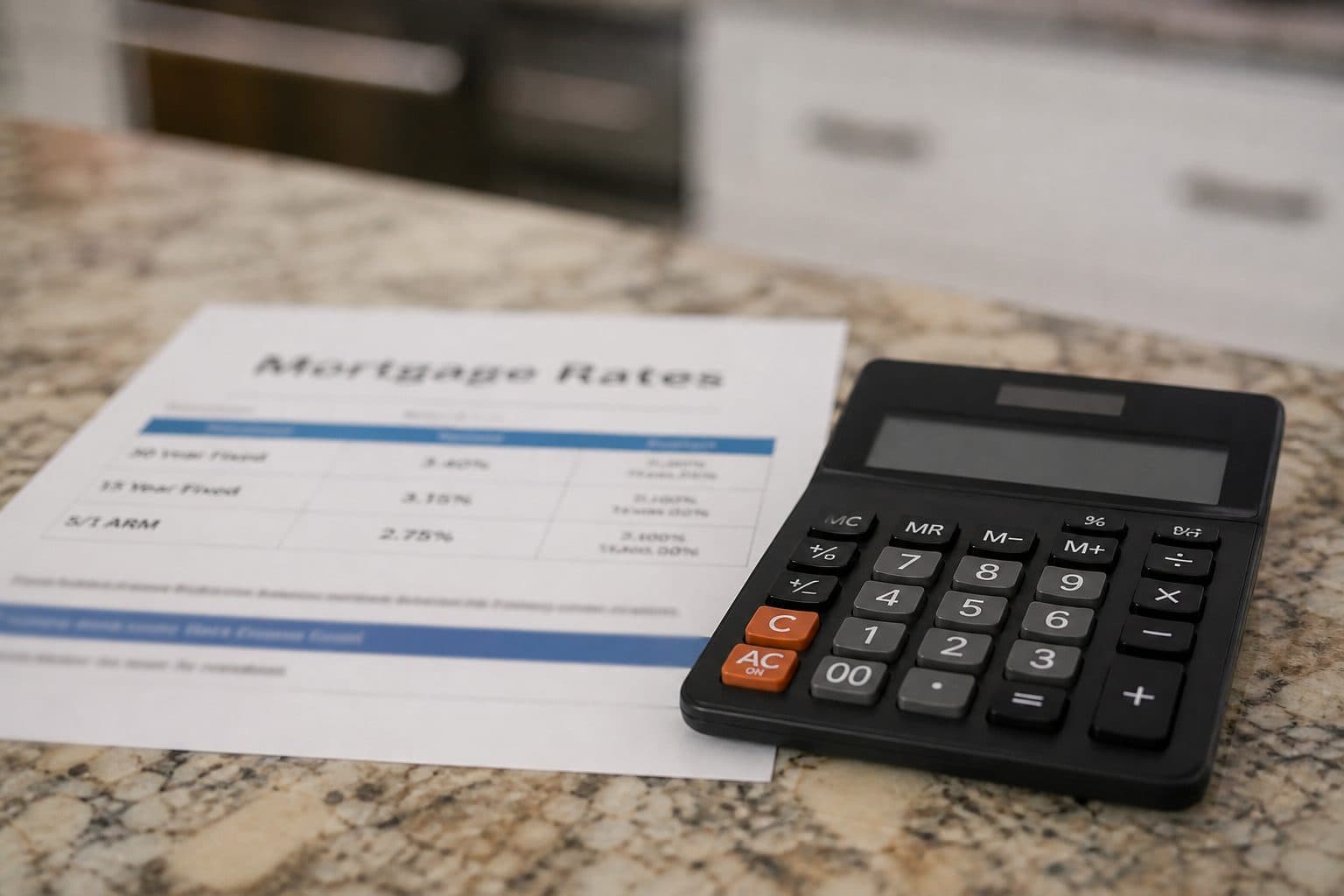Calculator and blurred rate sheet on a kitchen counter