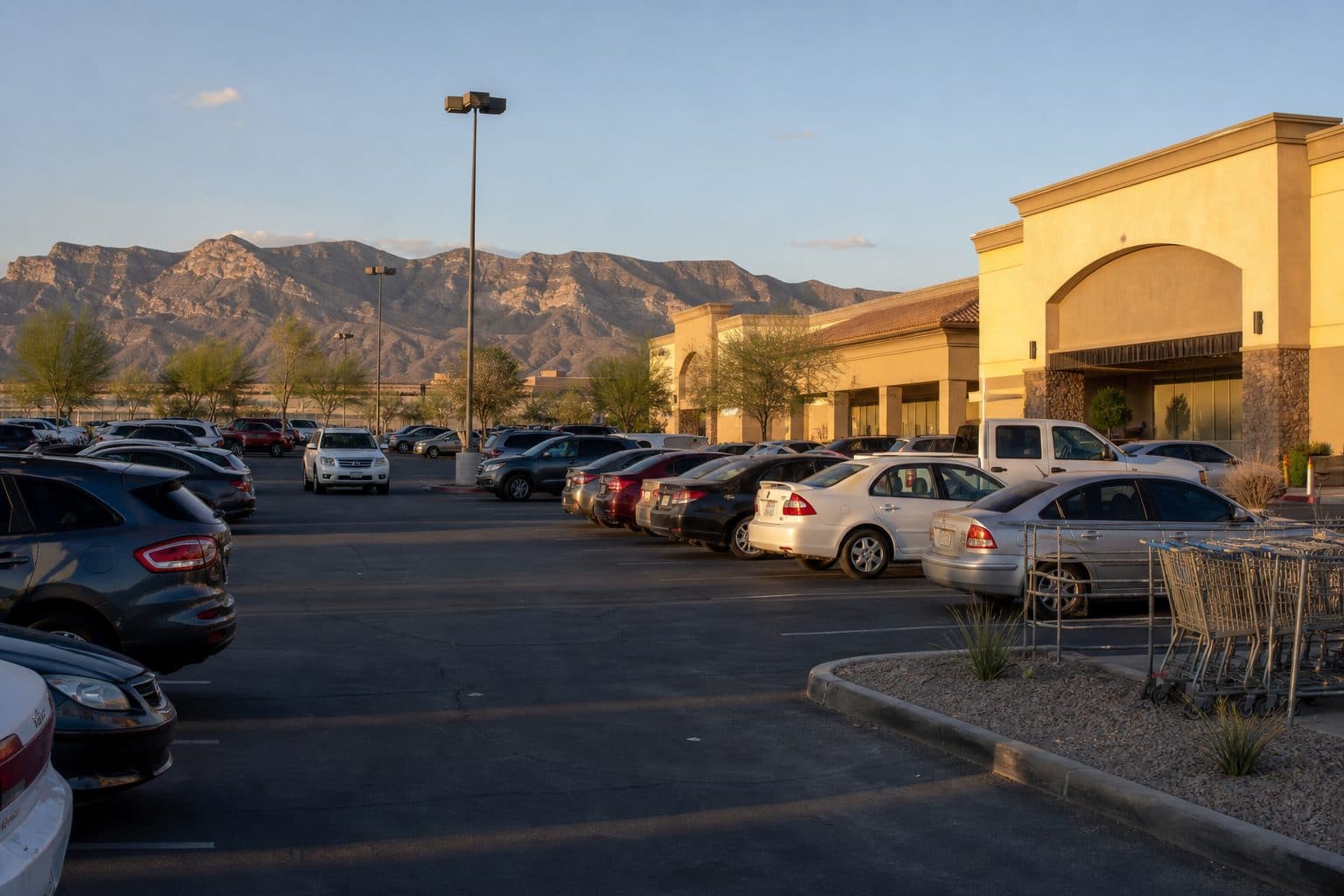 Southwest Las Vegas shopping center parking lot at late afternoon