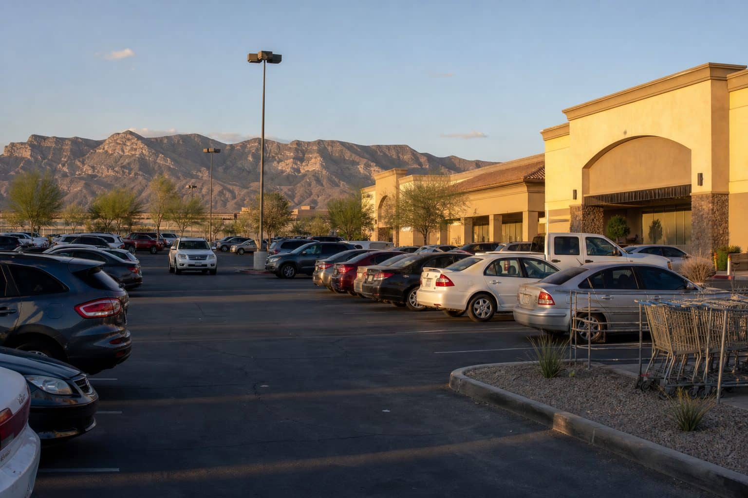 Southwest Las Vegas shopping center parking lot at late afternoon