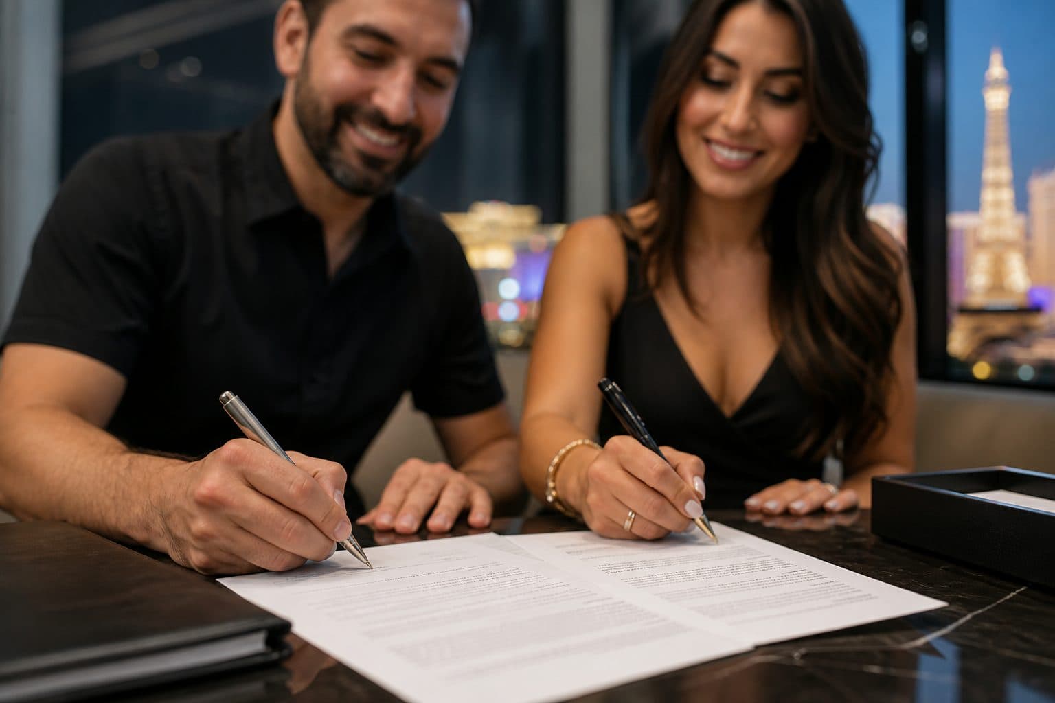 Buyers signing closing documents at a Las Vegas title table