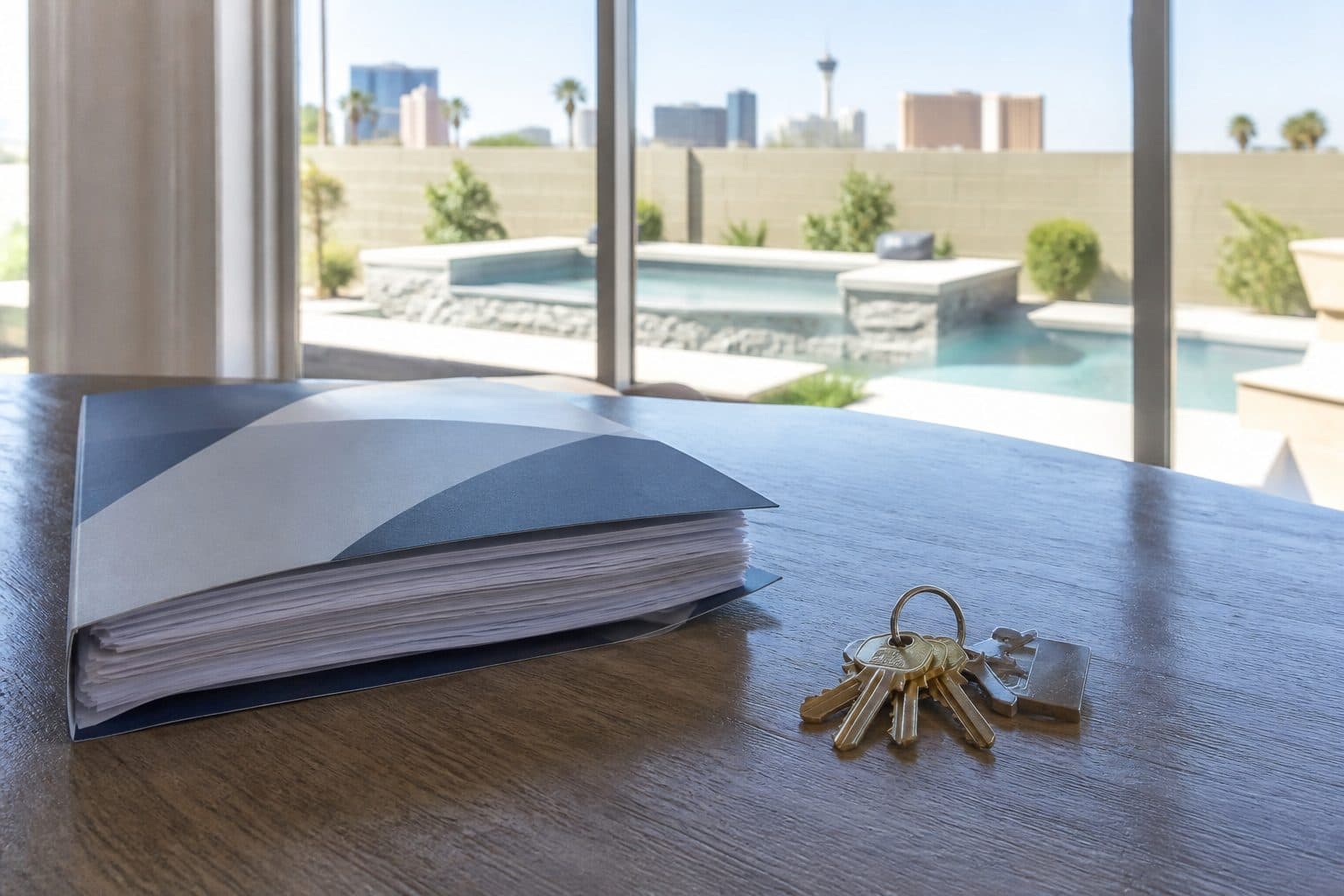 HOA documents and house keys on a table in a Las Vegas home