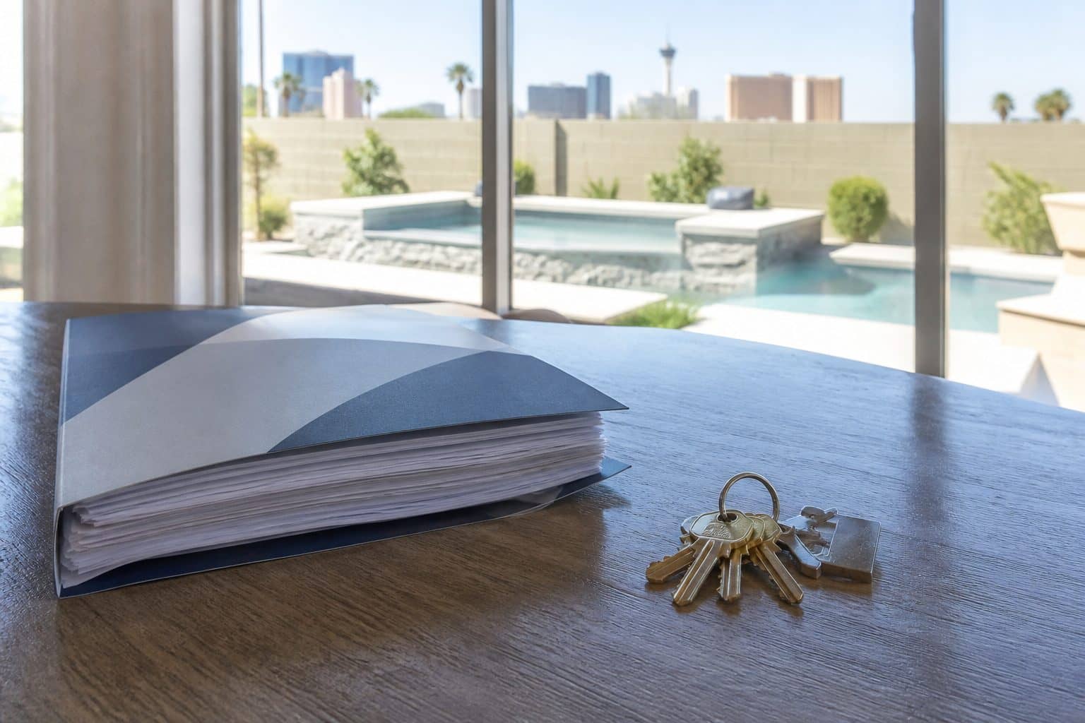 HOA documents and house keys on a table in a Las Vegas home