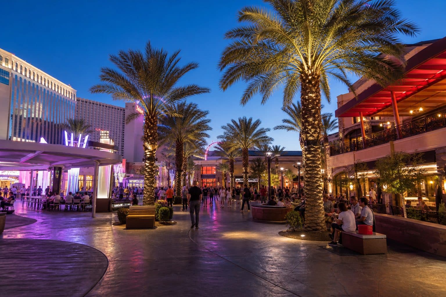 Open-air shopping plaza with palms in the Las Vegas valley