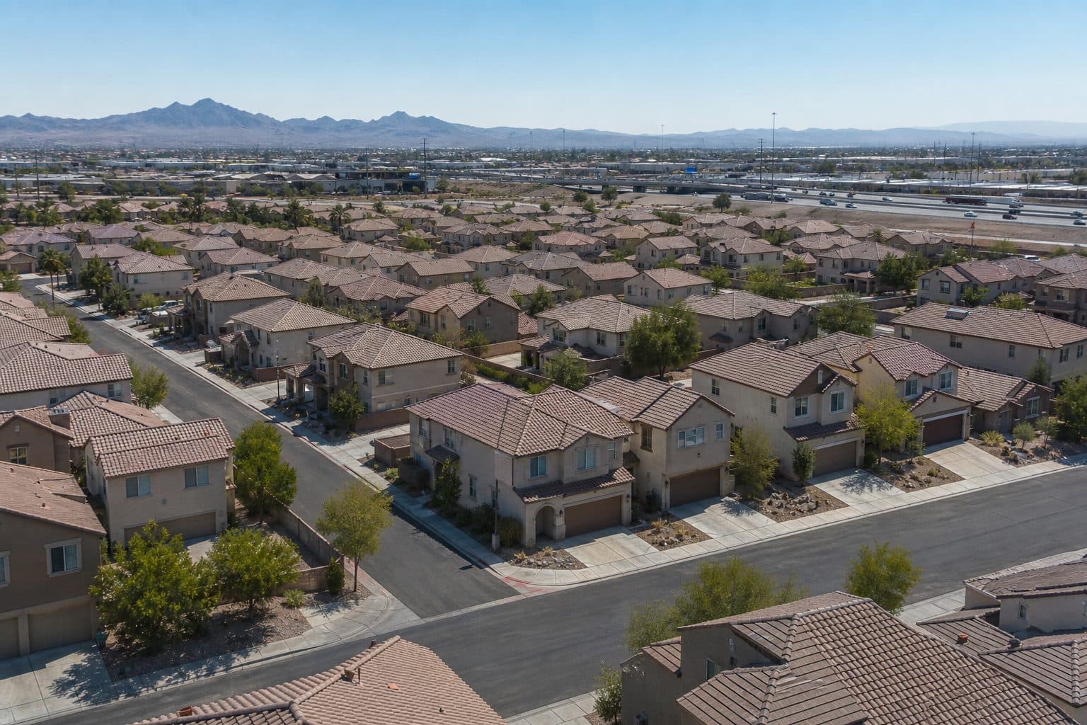 Compact Manzano Peak Las Vegas neighborhood of two-story stucco homes