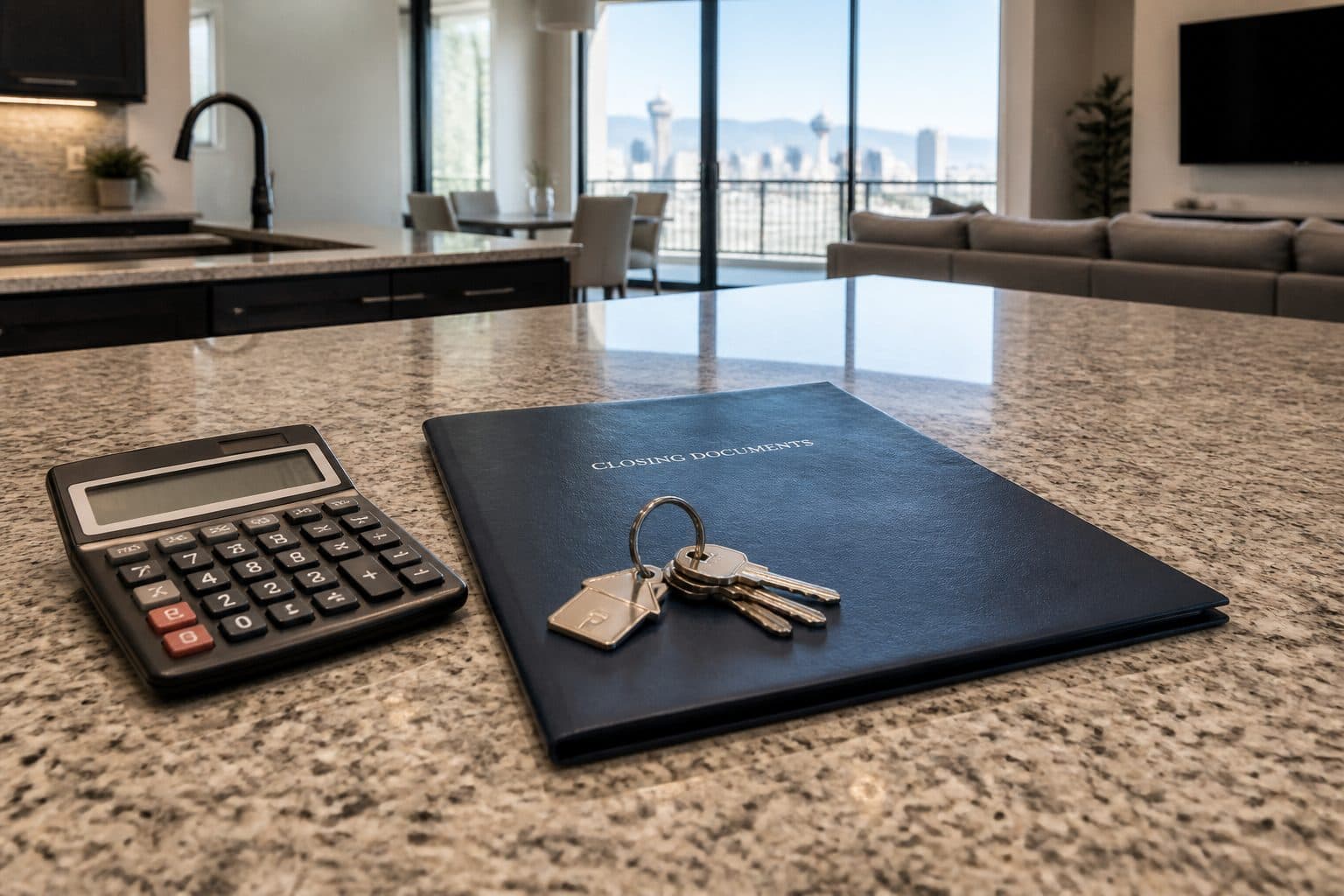 Mortgage calculator, closing folder, and house keys on a kitchen island